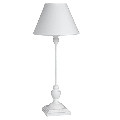 Image of White Washed Wood Vintage Rustic Candlestick Table Lamp with Linen Fabric Tapered Shade | 45cm Height | 1 x SES E14 Lamp Bulb Required | UK Approved | in-Line On Off Switch | Wooden Lathe Turned