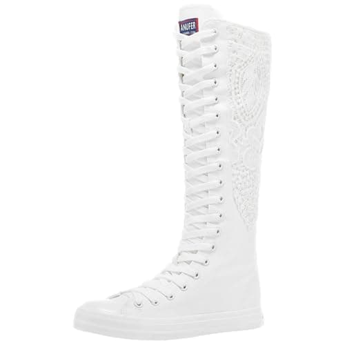 Image of Jamron Girls Women Fashion Knee High Lace-Up Canvas Boots Pure White Zip Dance Boots Lace SN815 UK6