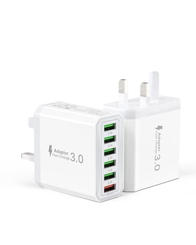 Image of 2-Pack 33W USB Plug UK, 6-Port USB Fast Charger Plug Multiple with Quick Charge 3.0 Wall Charger, Multi Fast Charging Power Adapter for iPhone 16 15 Pro Max 14 Plus 13 12 11 SE XR, iPad, Samsung