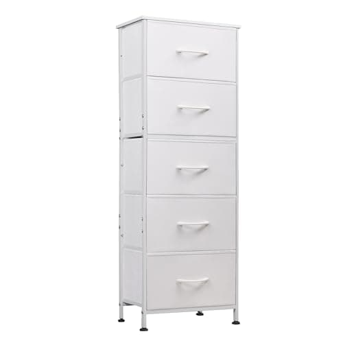 Image of WLIVE Chest of Drawers for Bedroom, 5-Drawer Tall Fabric Dresser Storage Drawers, Wood Top Rustic Brown for Closet Hallway/Black (White)