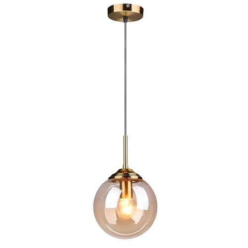 Image of HJXDtech Industrial Vintage Glass Globe Ceiling Pendant Light with Brass Finish,E27 Hanging Lamp for Kitchen, Dining Room & Living Room - Amber, 1-Light