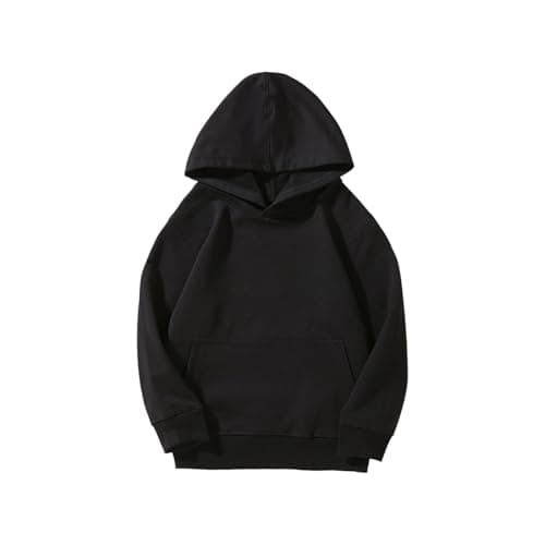 Image of Boys Girls Plain Hoodie with Pocket Loose Hoodies Kids School Jumper Solid Color Long Sleeve Hooded Sweatshirt Cotton Sports Pullover Outdoor (Black, 13-14 Years)