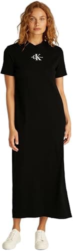 Image of Calvin Klein Women’s Round Neck Monologo Long Rib T-Shirt Dress, Black (Ck Black), S
