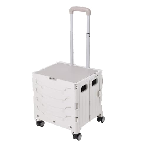 Image of The Fellie 30KG Folding Shopping Trolleys on 4 Rotate Wheels, 45L Storage Boot Cart with Lid, 45L Portable Box Cart with Adjustable Aluminium Handle, Multiple Use Crate for Shopping, White+Grey