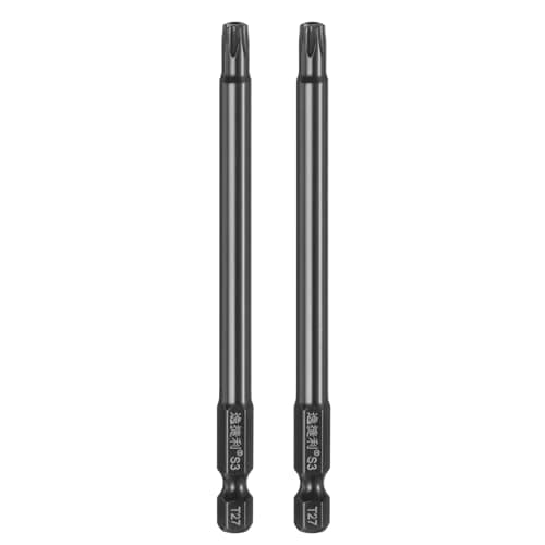 Image of sourcing map 2pcs T27 Security Torx Head Screwdriver Bit 1/4" Hex Shank 4" (100mm) Long Magnetic Tamper Proof 6 Point Star Screw Driver Drill Bit S3 Steel Mirror Polished Power Tool with Hole