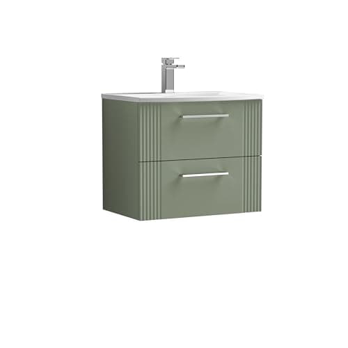 Image of Balterley Vanity Unit with Basin Wall Hung, 2 Drawer Soft Close with Curve Sink and Handle, Bathroom Vanity Units with Basin, Partial Fluted Sink Cabinet - 610 x 440 x 530mm (Green)