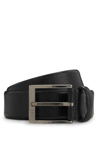 Image of BOSS Men's Elloy-Gr Sz35 Grained Italian Leather Belt with Polished Pin Buckle, Black, 115 cm