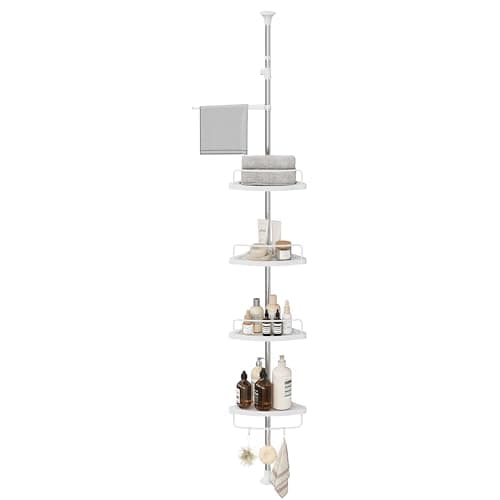 Image of SONGMICS Adjustable Bathroom Corner Shelf, Telescopic Shower Caddy, 95-300 cm, Floor to Ceiling, with Stainless Steel Frame, 4 Trays, 3 Hooks, 1 Towel Bar, White and Silver BCB02SW