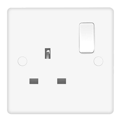 Image of EVOGES Vector 13A 1 Gang Double Pole Switched Socket – White Gloss Single Plate, UK 3-Pin Power Outlet, Includes Fixing Screws & Screw Caps, UK Standard Wall Mount