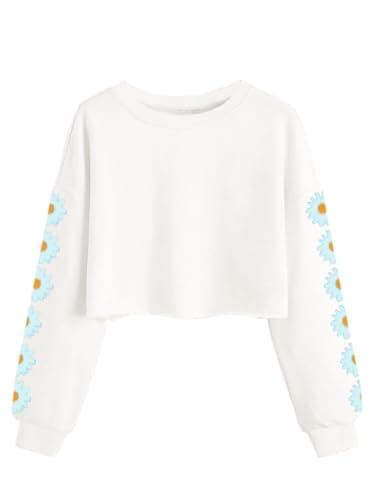 Image of Imily Bela Girls Sweatshirt Daisy Pinted Crop Tops Cute Kids Jumper Long Sleeve Pullover Tee Shirts Clothes(White, 9-10 Years)