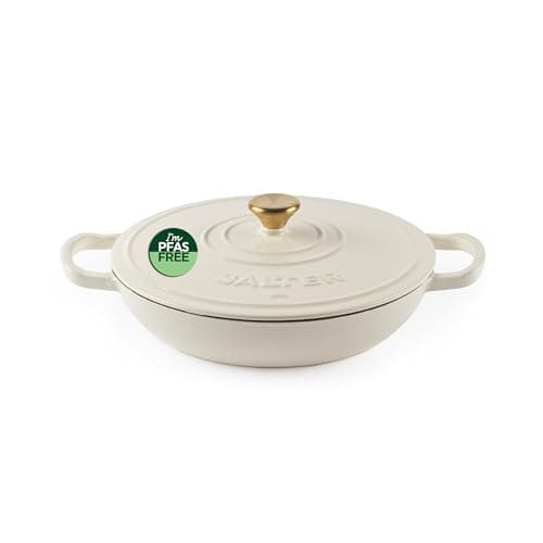 Image of Salter Chester Shallow Cast Iron Casserole Pot – 30cm Dutch Oven/Stock Pot, Self Basting Lid, Enamel Coated, Oven Safe, Suitable for All Hob Types Incl. Induction, 2.8L Cap., PFAS-Free, Cream
