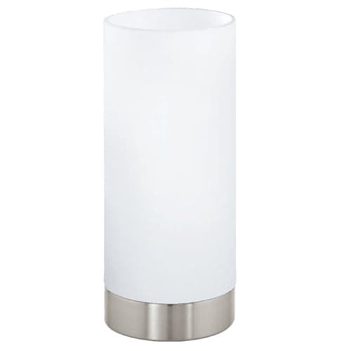 Image of Britalia Satin Nickel Base & Matt White Frosted Cylinder Glass Vintage Retro Table Desk Lamp | 22cm Height | 1 x ES E27 Lamp Bulb Required | UK Approved | Inline Switch | Modern Influence