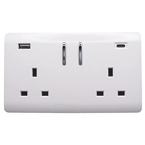 Image of Trendi 2 Gang Artistic Modern Glossy 13 Amp 2 x Type A & C 3.1A USB Switched Plug Socket Ice White