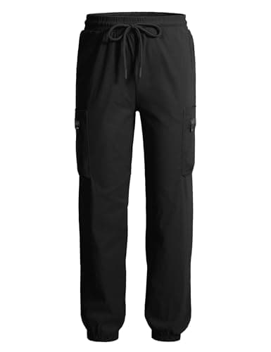 Image of KEREDA Boys Waterproof Trousers Quick Dry Kids Cargo Jogger for Outdoor Regular Fit with Multi-Pockets Elasticated Waistband Drawstring Black Grey Age 7-13