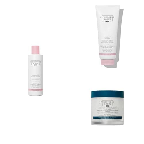 Image of Christophe Robin Premium Volume Ritual Trio | Sea Salt Scalp Scrub 250ml + Volumising Shampoo 250ml & Conditioner 200ml with Rose & Baobab | Detox & Hair Thickening Set for Fine Flat Hair