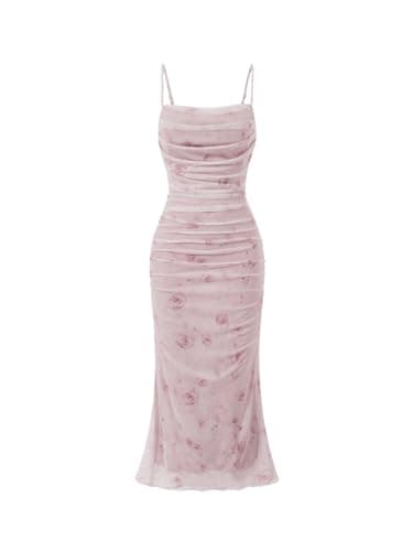 Image of GORGLITTER Women's Floral Ruched Fishtail Midi Cami Dress Bodycon Lettuce Trim Coquette Sundress Dusty Pink Small