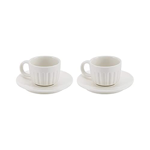 Image of Dualit Espresso Coffee Cups, Set of 2 New Bone China Cups and Saucers Microwave and Dishwasher Safe | Crisp Fine White China