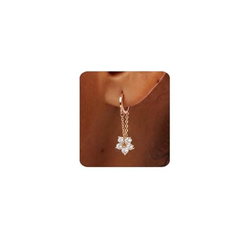 Image of MUMREUES Rosegold Earrings for Women Trendy 14K Rose Gold Plated Dangly Earrings Small Huggie Hoop Earrings Simple Cubic Zirconia Flower Dangle Earrings Hypoallergenic Drop Chain Earrings Jewelry Gift