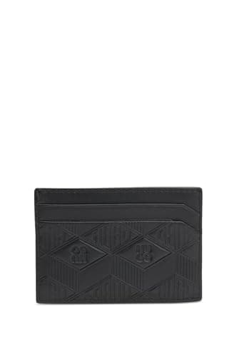 Image of Hugo Men's Ethon HI M Leather Card Case with Embossed Stack and Geometric Logos, Black, One Size