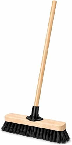 Image of Heavy Duty Scrubbing Brush with Handle 9 Inch Stiff Floor Deck Yard Broom Brush, Wooden Handle PVC Bristles for Patio Garage Tile Kitchen Outdoor Cleaning