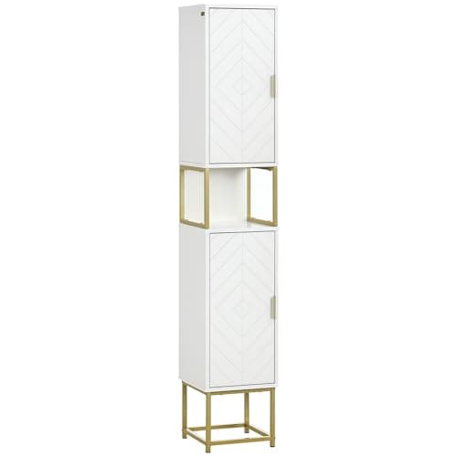 Image of kleankin Narrow Bathroom Storage Cabinet, Freestanding Tallboy Storage Unit with Adjustable Shelf, 2 Doors and Steel Base, Slim Corner Organizer, White