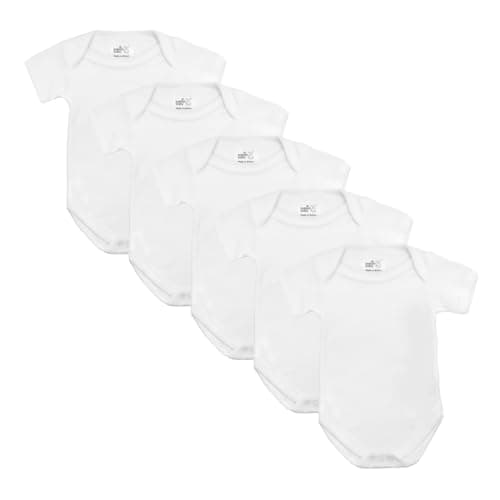 Image of Baby Bodysuits, Baby Vests, Newborn Vests, Cotton Short Sleeved Newborn Bodysuit, British Made for Boys or Girls, 5 Pack, White, 12-18 Months