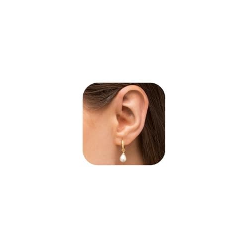 Image of Tewiky Gold Pearl Earrings for Women - 14K Gold Plated Drop Earrings with Cubic Zirconia Small Hoop Earring Hypoallergenic Women Lady Mom Jewelry Gifts C
