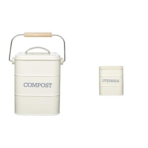 Image of KitchenCraft Living Nostalgia Kitchen Compost Bin, Metal, 16.5 x 12 x 24 cm, Antique Cream & Living Nostalgia, Kitchen Utensil Holder, Metal, 15 x 16 cm, Antique Cream