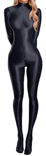 Image of Women's Oil Glossy Shiny Jumpsuit Metallic Stretchy Full Bodysuit Funny Sheer Nylon Cosplay Catsuit Bodysuit Romper for Ladies Party Black