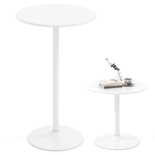 Image of COSTWAY 2-in-1 Bar Table Set of 1/2, 56cm/101cm Height Adjustable Coffee Table with Detachable Pole & Metal Base, 60cm Round Cocktail Dining Table for Dining Room, Restaurant, Kitchen (1, White)