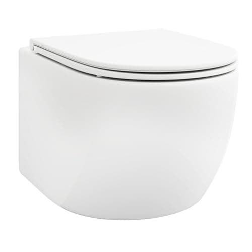 Image of COSTWAY Wall Hung Toilet, Ceramic Rimless WC Pan with Soft Close Seat and Dual Flush System, Wall-Mounted Bathroom Toilet Bowl WC Seat, 52.5cm Long, Glossy White