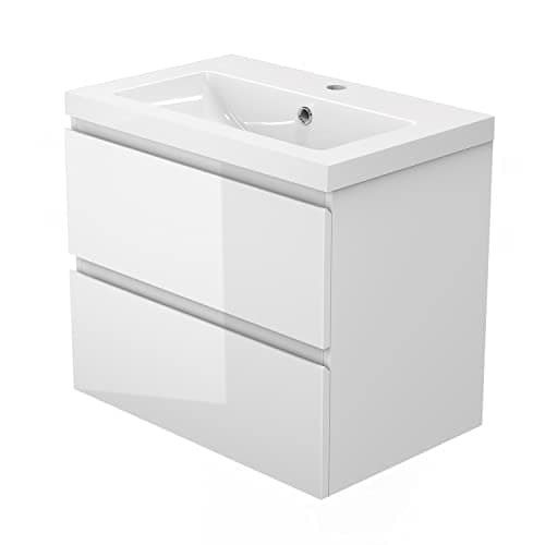 Image of Biubiubath 500mm Bathroom Sink Unit with Basin Gloss White 2 Soft Close Drawers Wall Mounted Bathroom Suite with Vanity Unit Modern Handless Design