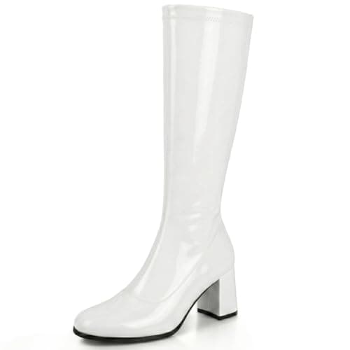 Image of AYZAL Women’s Ladies Fancy Dress 1960'S 70'S Knee high Go Go Boots Retro Block Heel Girls boots (White, UK Footwear Size System, Adult, Women, Numeric, Medium, 4)