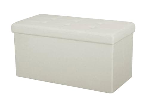 Image of Large Ottoman Foldaway Storage Blanket Toy Box Bench Twill Linen with Buttons (Cream, 76cm x 38cm)