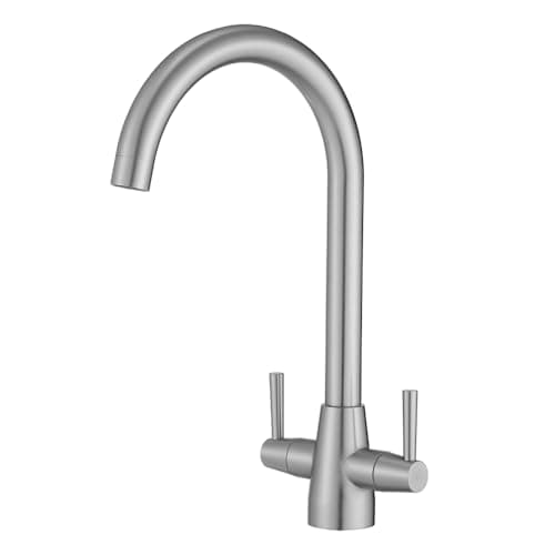 Image of Heable Kitchen Mixer Tap Dual Lever Swivel Spout Brushed Nickel Sink Taps with UK Standard Fittings