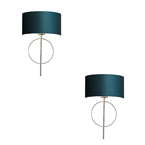 Image of 2 Pack Antique Silver Leaf Wall Light & Teal Satin Half Shade Dimmable Filament Lamp | Steel & Fabric Construction - Bulb Not Included - Requires 10W LED E27-806 Lumens - Dimmable Lighting