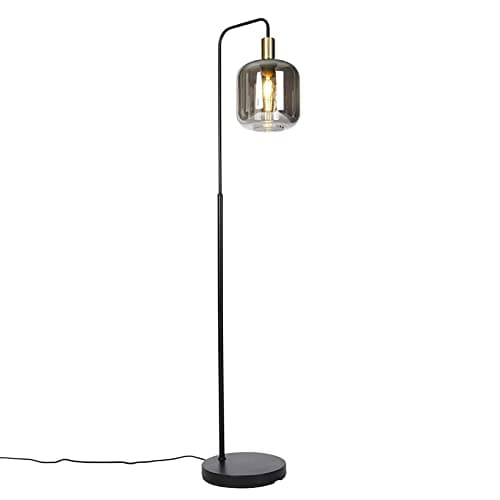 Image of Qazqa - Design Floor lamp Black with Gold and Smoke Glass - Zuzanna- - Design - Suitable for LED E27 | 1 Light - Glass Floor lamp - Suitable for Living Room I Bedroom I
