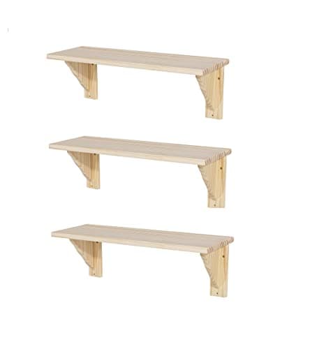 Image of Set of 3 Natural Wooden Shelf Storage Kit Pine Colour & Fixings 580mm x 190mm x 16mm