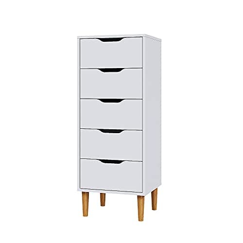 Image of Panana Chest of Drawers, Wood 5 Drawers Cabinet Narrow Storage Organiser Unit with Wooden Legs for Living Room Bedroom Hallway (White)