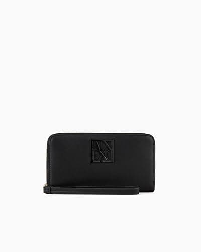 Image of Armani Exchange Women's Plaque with Logo, Zip Around Bi-Fold Wallet, Black, One Size