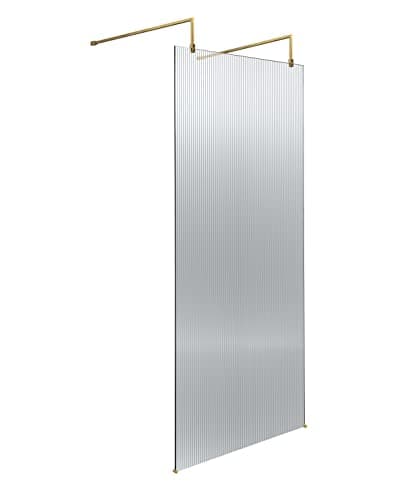 Image of Hudson Reed WRAF19580BB Fluted Modern Bathroom Fluted 8mm Toughened Safety Glass Wetroom Screen with 2 Support Arms, 1950mm x 800mm, Brushed Brass