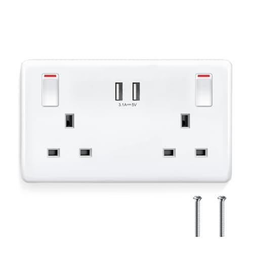 Image of Double Plug Socket USB Switched Wall Socket with Dual Smart USB Charger 3.1A 15.5W Electrical Outlet 2 Gang 13 Amp Electric Power Sockets, White