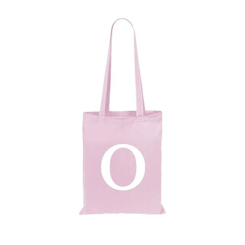 Image of eBuyGB Initial Tote Bag, Monogram Cotton Shopper Bag, Children's Party Goodie Bag, Letter Shoulder Bag for Her, Swimming, Gym, Shopping, Beach Bag (Pastel Pink)