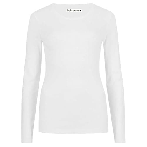 Image of janisramone Womens Ladies Round Neck Long Sleeve T-Shirt Stretchy Plain Fitted Basic Jersey Casual Tee Top White