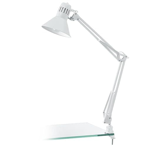 Image of Eglo Firmo Clamp-on Industrial Desk Lamp, Vintage Bedside Light in White Steel and Plastic, Retro Office Table Lighting, E27 Socket, Incl. Switch