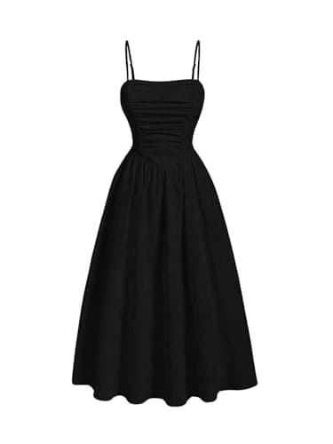 Image of GORGLITTER Women's Flared Swing Maxi Cami Dresses High Waist A Line Skater Ruched Smocked Graduation Dress Black L