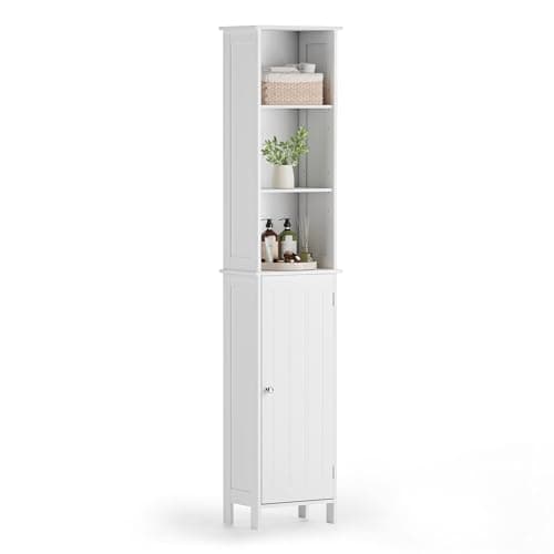 Image of VonHaus Tall Bathroom Cabinet - White Freestanding Bathroom Storage Cabinet with Cupboard - Space Saving Tallboy Unit with 6 Shelves - Slimline with Shaker Tongue & Groove Design - Holbrook