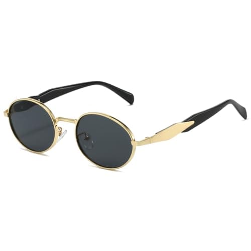 Image of YAMEIZE Retro Oval Gold Sunglasses Women Men Small Round Sunglasses Vintage 90s Sun Glasses Metal Frame UV400 (Gold Black)