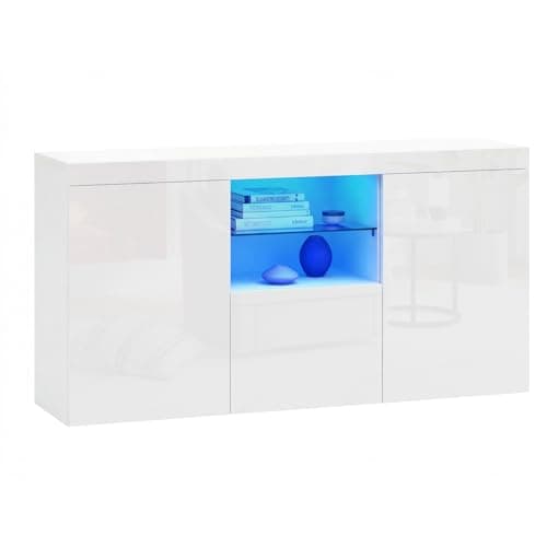 Image of Panana High Gloss 3 Door Sideboard Cupboard with LED Lights Display Cabinet Storage Unit for Living Dining Room Bedroom Furniture (White)