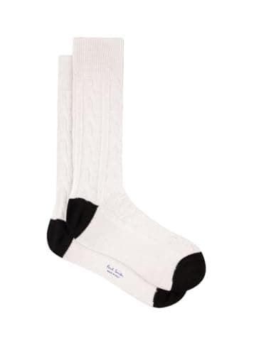Image of Paul Smith Cable Knit Cashmere Blend Socks. White with Black Toe and Heel. One Size
